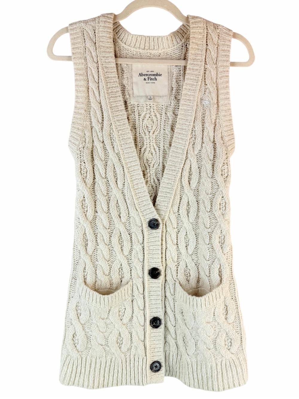 Vintage Abercrombie & Fitch Long Cable Knit Vest Wool Alpaca Blend Cream Sz S